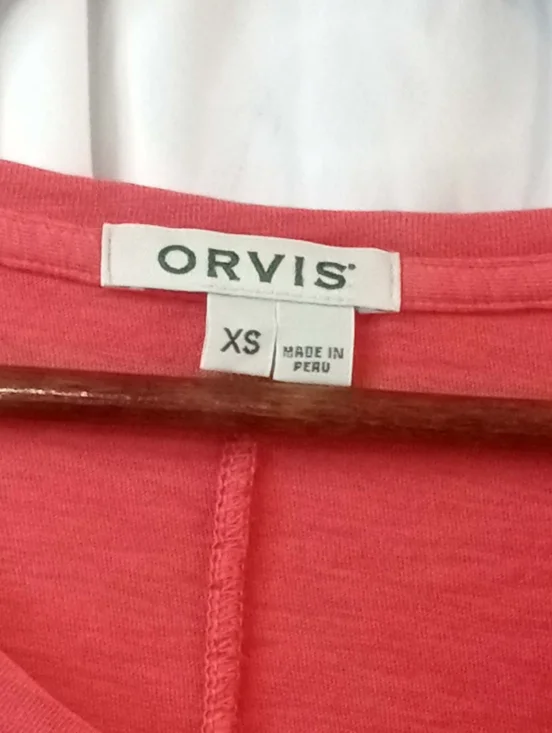 Orvis Coral-Red Long Sleeve V-Neck Pocket Tee Shirt XS Cotton Soft Peru Casual - Picture 3 of 7